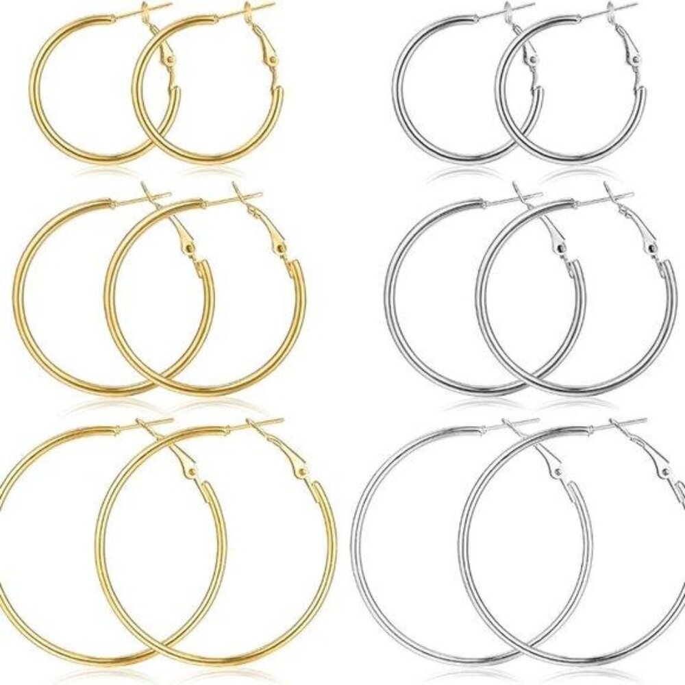 Gold and Silver Hoop Earrings - Lightweight, Hypoallergenic, 6 Pairs, 30-50mm
